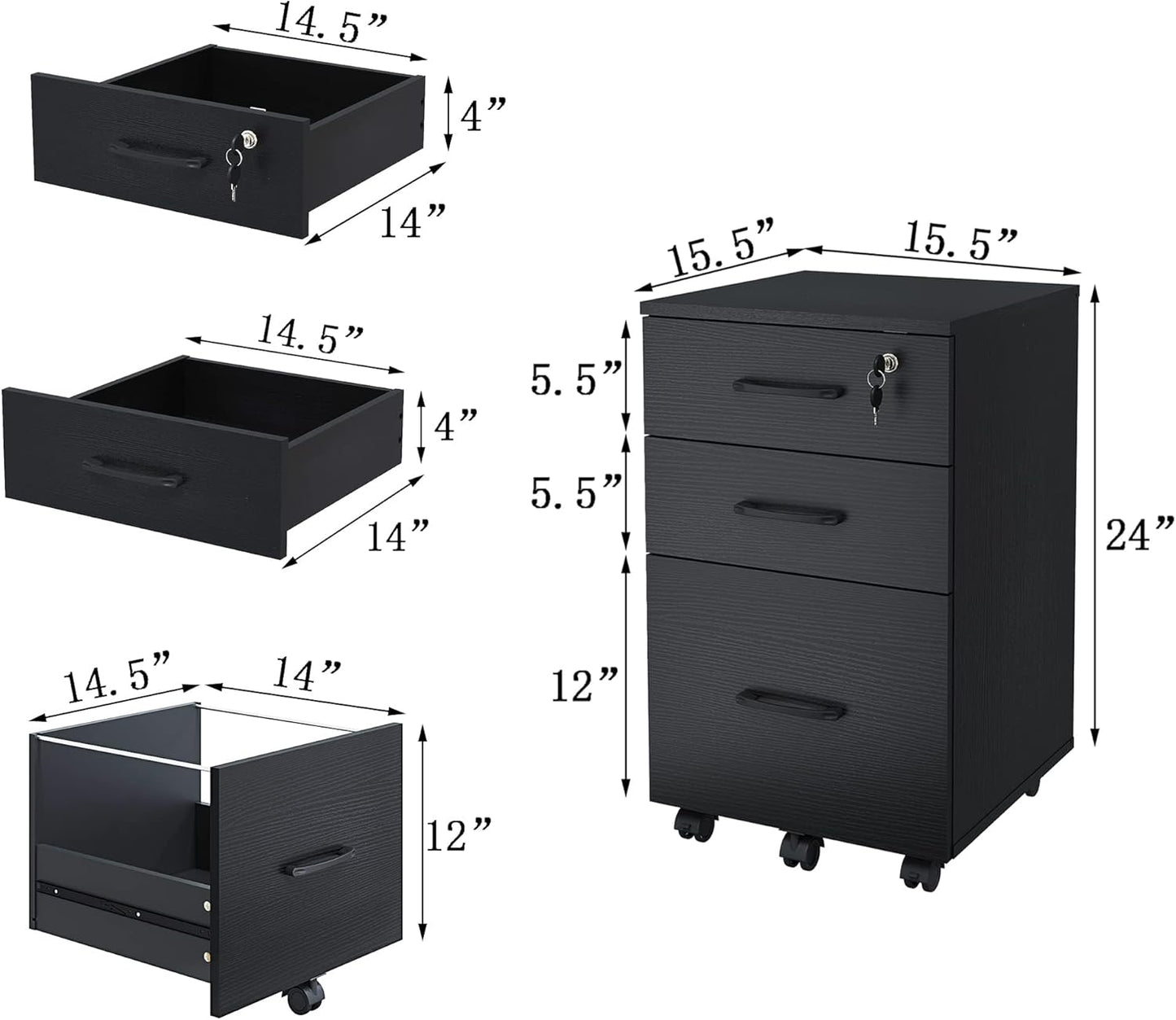 File Cabinet with Lock,3 Drawer Wood Rolling Filing Cabinets Under Desk for Home Office, Office Storage Cabinet fits Letter/A4 Size,Mobile Filing Cabinet Printer Stand,Black