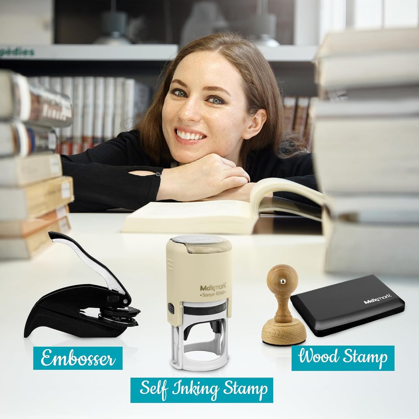 Custom Library Embosser - Style 102 - Embosser, Wood Stamp or Self Inking Stamp - Book Embosser Includes 50 Gold Seals - Custom Stamp Seal from The Library of