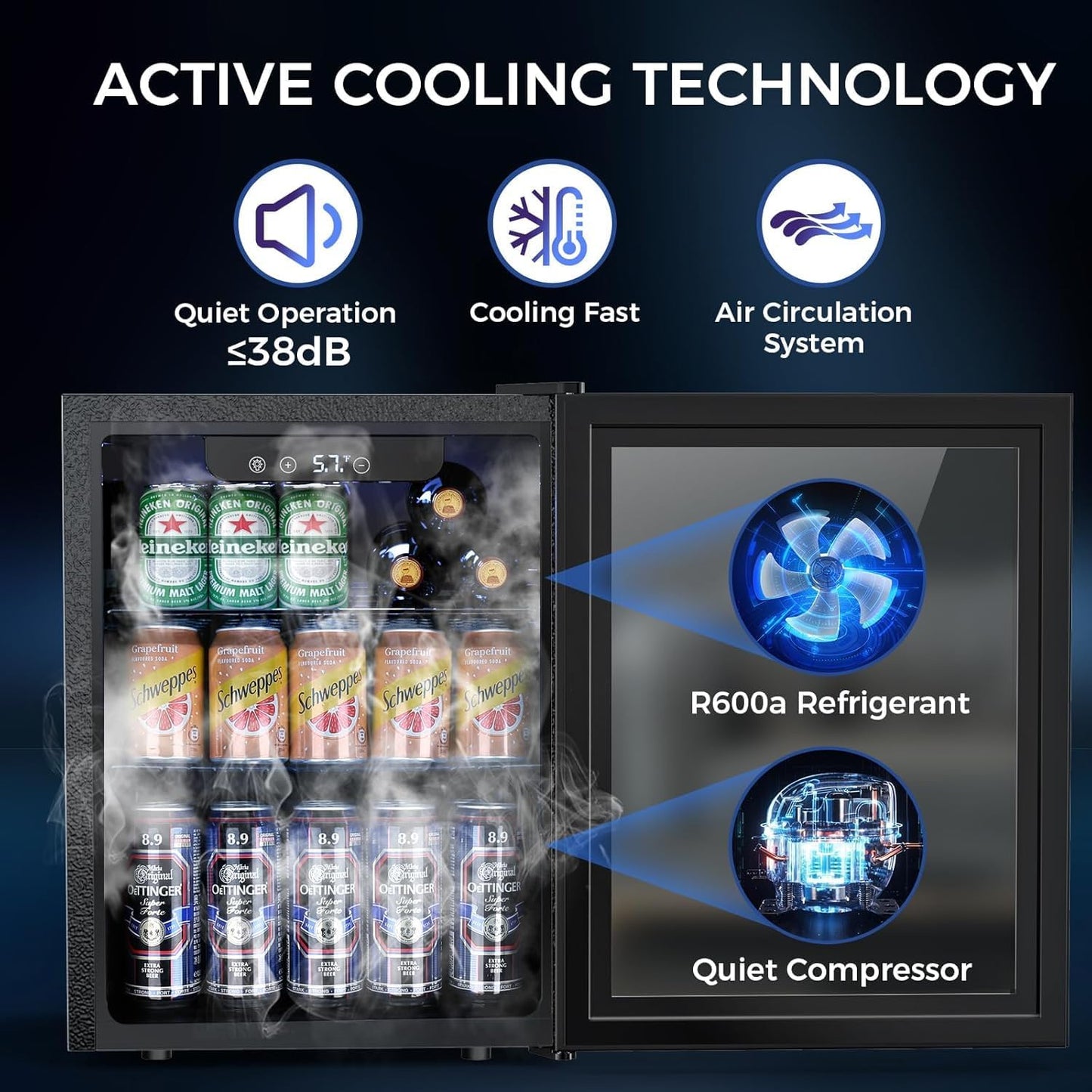 1.7 Cu.ft Beverage Refrigerator Cooler, 68 Can Mini Fridge Glass Door with Adjustable Shelves, Digital Temperature Display, Freestanding Small Drink Fridge for Home, Office or Bar(Black)