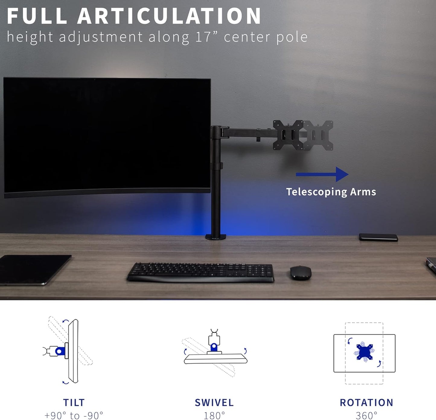 VIVO Dual LCD LED 21 to 32 inch Monitor Desk Mount, Heavy Duty, Adjustable Telescoping Arms, Flush Wall Setup, Fits 2 Screens, Black, STAND-V002E
