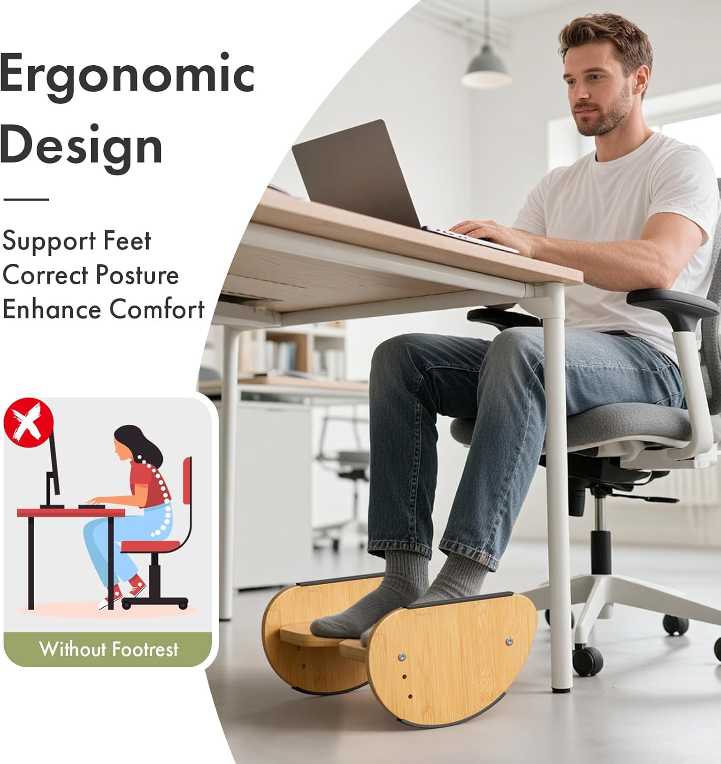 Amazer Bamboo Foot Rest for Under Desk at Work, 2-in-1 Reversible Rocking Footrest Adjustable Foot Stool, Ergonomic Footrest for Under Gaming Desk, Feet Support Leg Footstools for Home Office