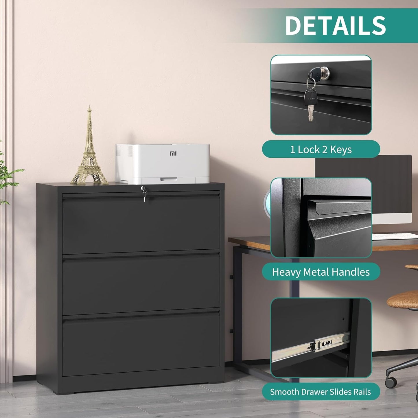 3 Drawer Lateral File Cabinet with Lock, Metal Filing Cabinets for Home Office, Steel Storage Wide File Cabinet for Letter/Legal/F4/A4 Size with Hanging Bars, Assembly Required (Black)