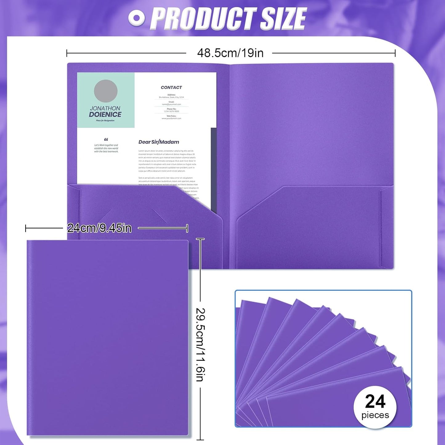 Gueevin 24 Pcs Plastic Folders with Pockets, Back to School Two Pocket Folder Fit Letter Size, Heavy Duty School Business Card Holder for Home Office, 11. 61 x 9. 45 Inches (Purple)