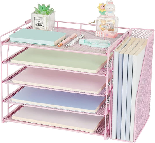 AUPSEN Pink Desk Organizers and Accessories,5-Tier Desktop Paper File Organizer with Adjustable File Holder, Office Desk Accessories for Office Supplies