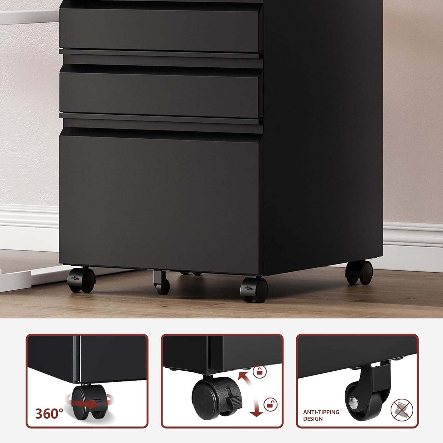 3 Drawer File Cabinet，Mobile Filing Cabinet with Lock and Wheels，Fully Assembled Metal Under Desk File Cabinets for A4/Letter/Legal Size（Black