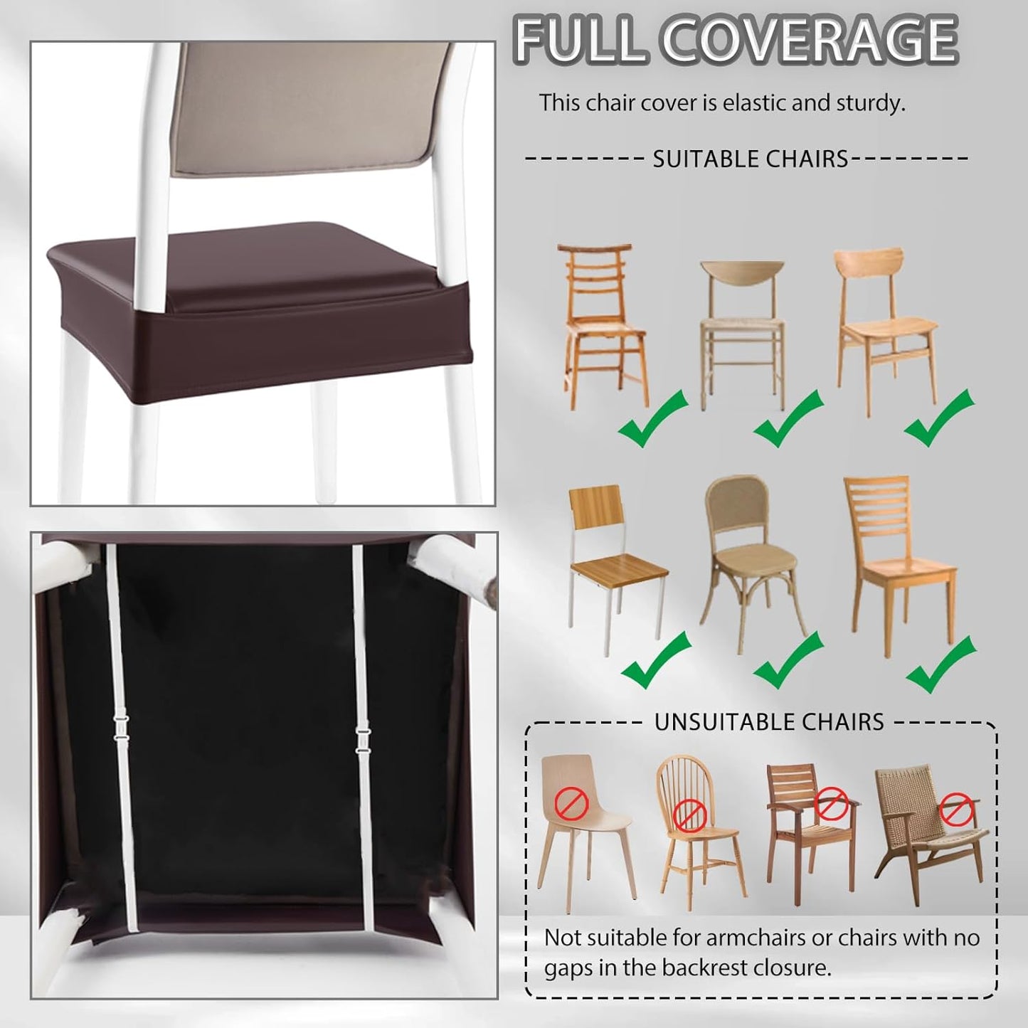 CWK Waterproof PU Leather Dining Chair Covers Set of 6 - Stretchable Chair Seat Slipcovers, Removable & Washable Protector for Dining Room,Home,Office,Wedding,Rear Covers (PU-Coffee)