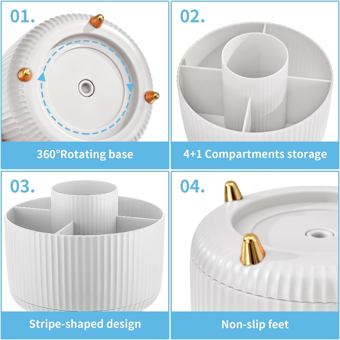 Marbrasse Desk Organizer, 360-Degree Rotating Pen Holder, Desk Organizers and Accessories with 5 Compartments Pencil Holder, Art Supply Storage Box Caddy for Office, Home（White）