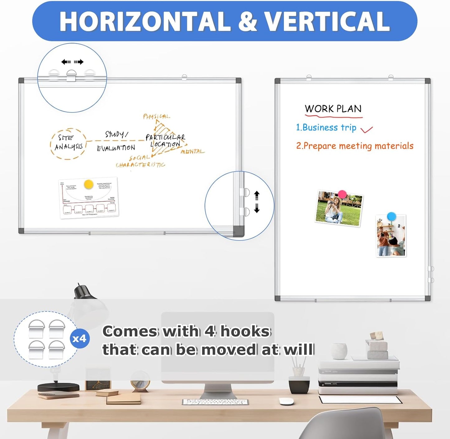 WALGLASS Large White Board, 60" x 40" Double-Sided Dry Erase Board Magnetic Whiteboard for Wall, Hanging Mounted Whiteboard Silver Aluminium Frame for Home, School, Office