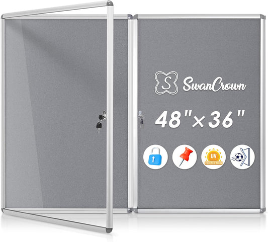 SWANCROWN Enclosed Bulletin Board 36x24 in, Tamperproof Lockable Grey Felt Board Wall Display Case for Office School Home, Aluminum Frame, 2PCS