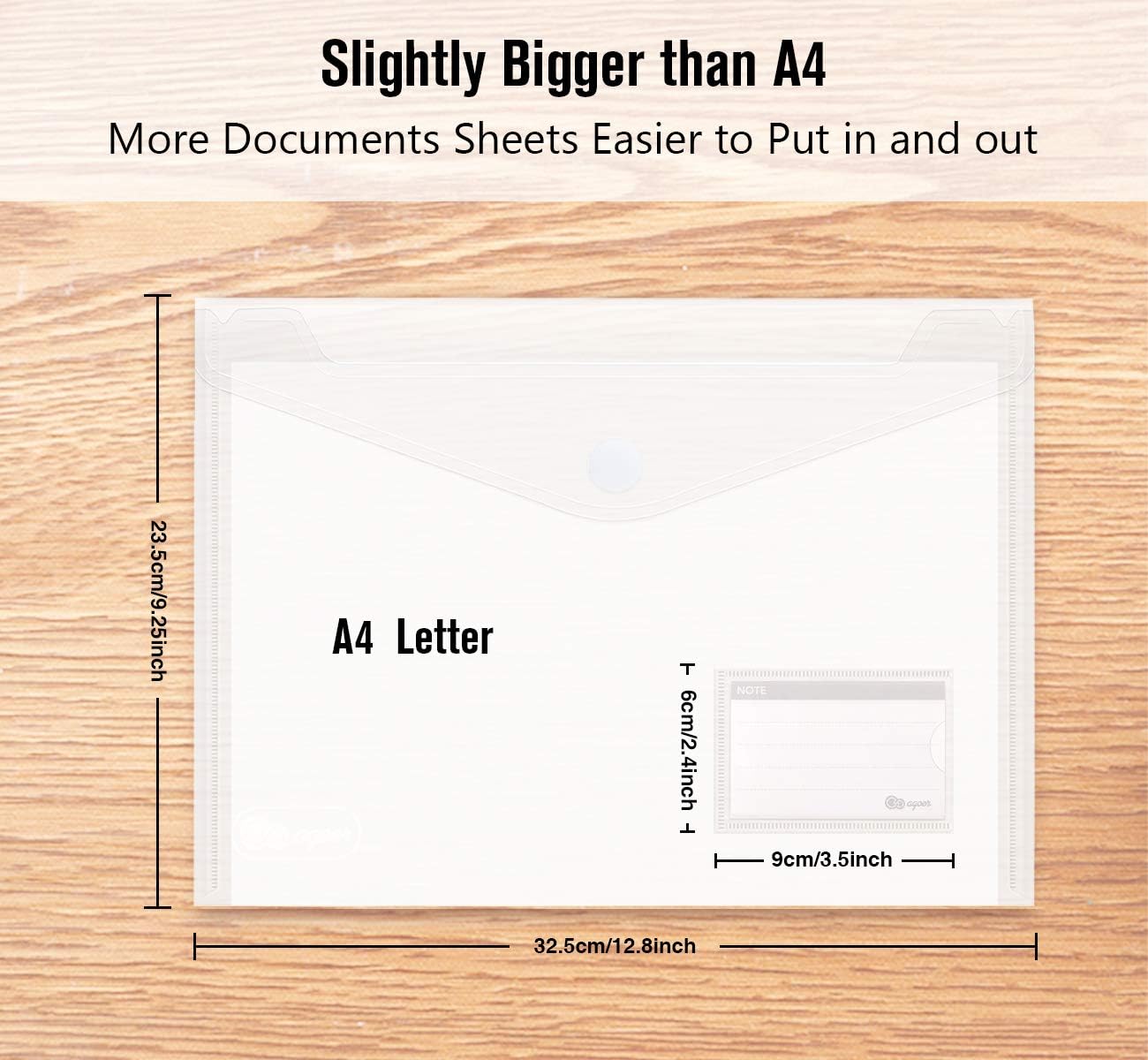 ABSOFINE 25 Pack Transparent Plastic Envelope Folders, A4 Letter Size, 100% Clear, Hook & Loop Closure, Label Pocket, Easy Storage