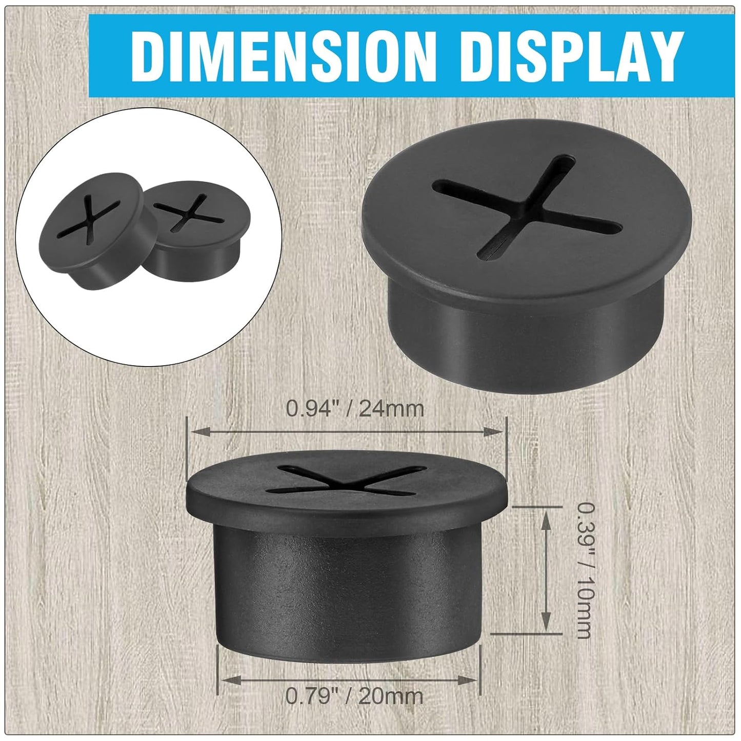 3/4" Black Desk Grommet, JTemgle Flexible Cable Grommet Cross Rubber Cable Hole Cover Wire Organizer Caps Desktop Cord Management for Home Office TV Stands Tabletops, 20 Pieces