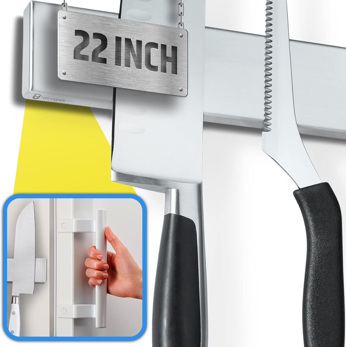 Fridge Applicable Stainless Steel Magnetic Knife Holder with Anti-Slide Upgrade - 22 Inch Professional Double Sided Knife Strip for Refrigerator - Knife Rack/Bar with Powerful Pull Force