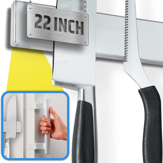 Fridge Applicable Stainless Steel Magnetic Knife Holder with Anti-Slide Upgrade - 22 Inch Professional Double Sided Knife Strip for Refrigerator - Knife Rack/Bar with Powerful Pull Force