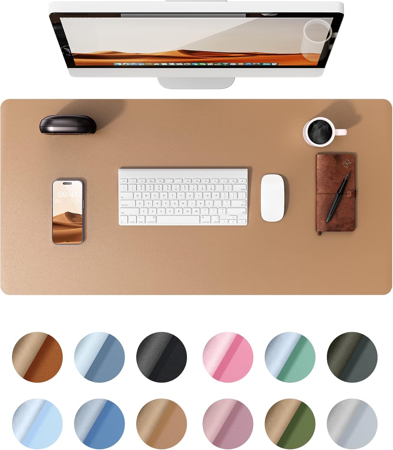 YSAGi Leather Desk Protector, Office Mat, Large Mouse Mat, Non-Slip PU Leather Blotter, Laptop Desk Mat, Waterproof Writing Pad for Office and Home (Khaki, 31.5" x 15.8")