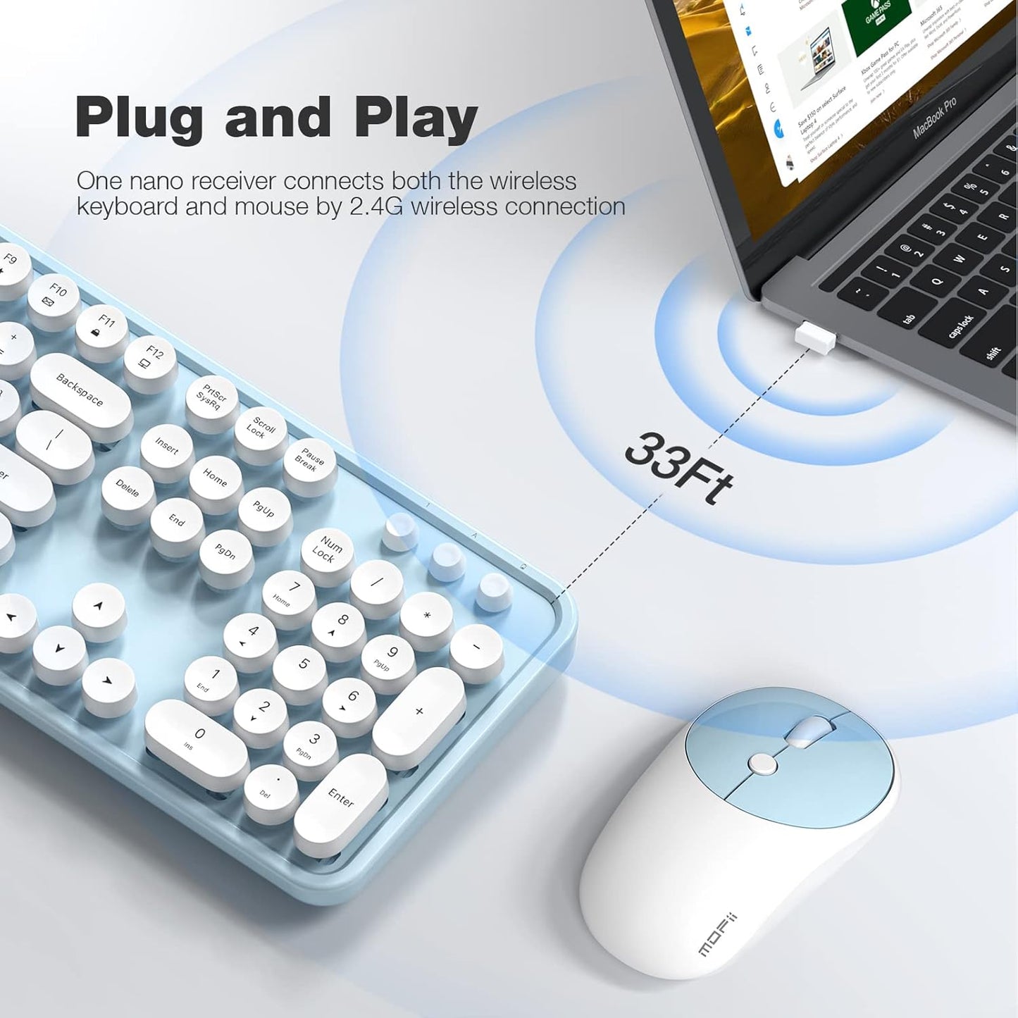 MOFII Wireless Keyboard and Mouse, Retro Full Size Typewriter Keyboard and 3 Adjustable DPI Mouse Combo for Windows 7/8/10, Laptop, Desktop, PC, Computer (Blue)