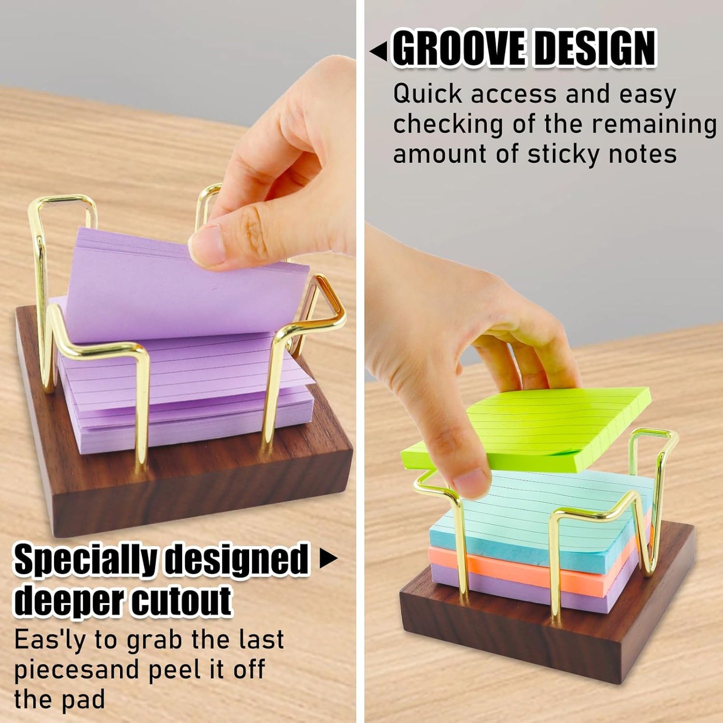 Buqoo Sticky Note Holder, Walnu Wood and Gold Metal Wire Self Stick Note Pad Holder Dispenser for School Home Office Desk Accessories Supplies