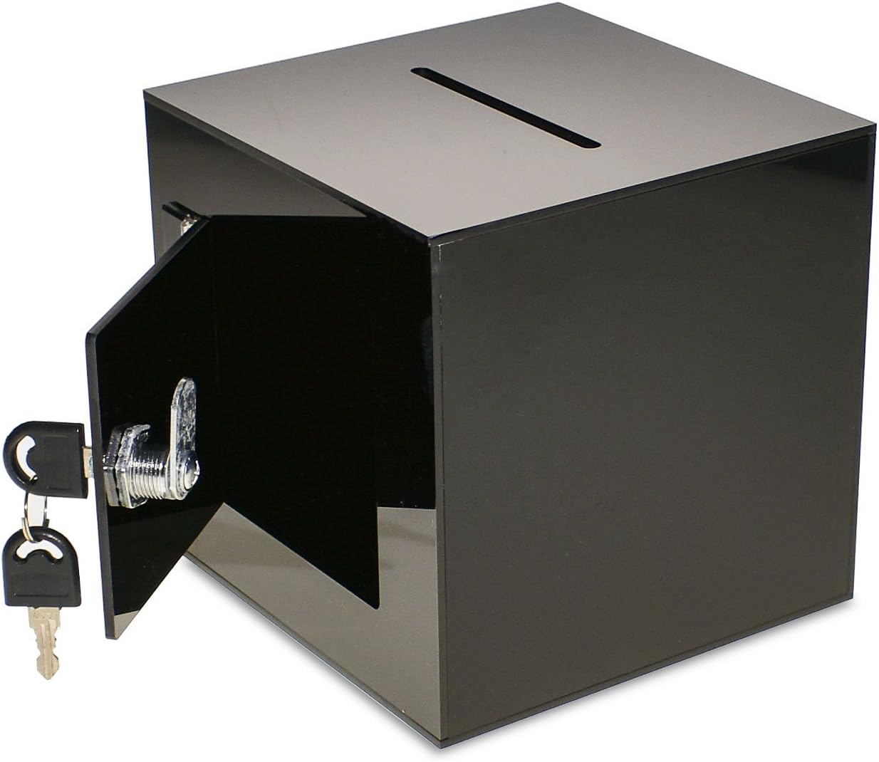 Source One Premium Acrylic Cube Donation Box with Deluxe Rear Open Door and Cam Lock Suggestion Box (12 Inch, Black)