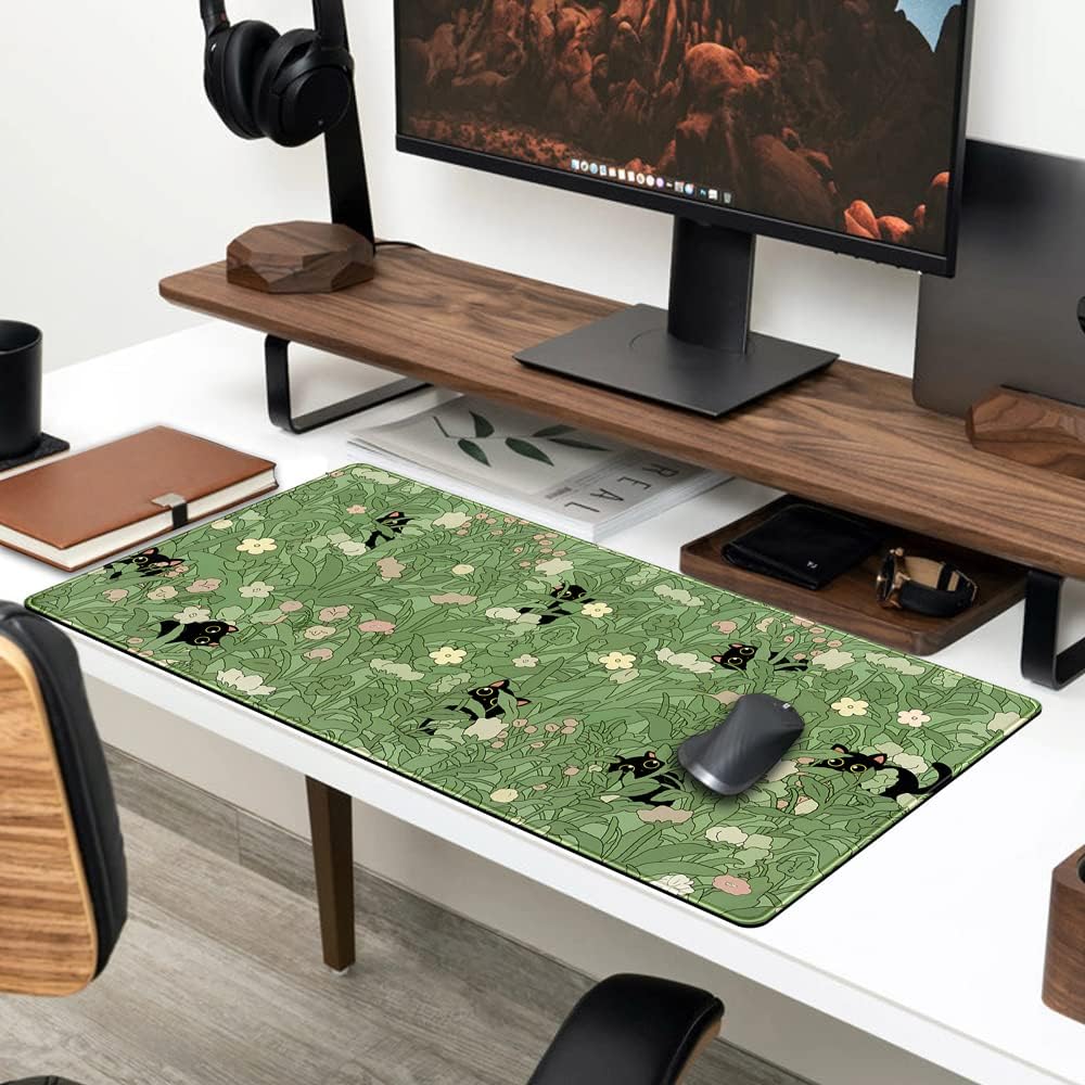 Green Desk Mat XL Cat Cute Plant Cool Desk Pad Keyboard Mat Kawaii Black Cat Flower Mouse Pad Green Desk Mat Desk Decor with Stitched Edges Non-Slip Large Computer Mat 31.5x15.7in