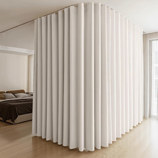 Room Divider Curtains & Flexible Bendable Tracks Set,Privacy Dividers Ceiling Track Curtain Window Blackout Curtains for Living Room Bedroom (W100 × H84 in 1 Panel Beige Drape & White Rail)