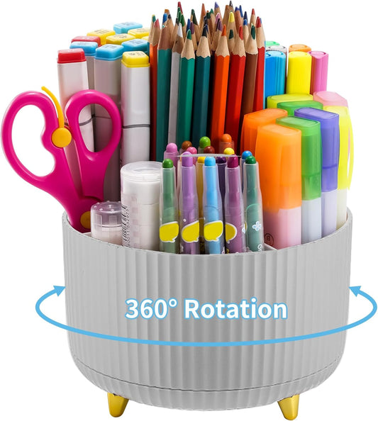 Marbrasse Desk Organizer, 360-Degree Rotating Pen Holder, Desk Organizers and Accessories with 5 Compartments Pencil Holder, Art Supply Storage Box Caddy for Office, Home (Grey)