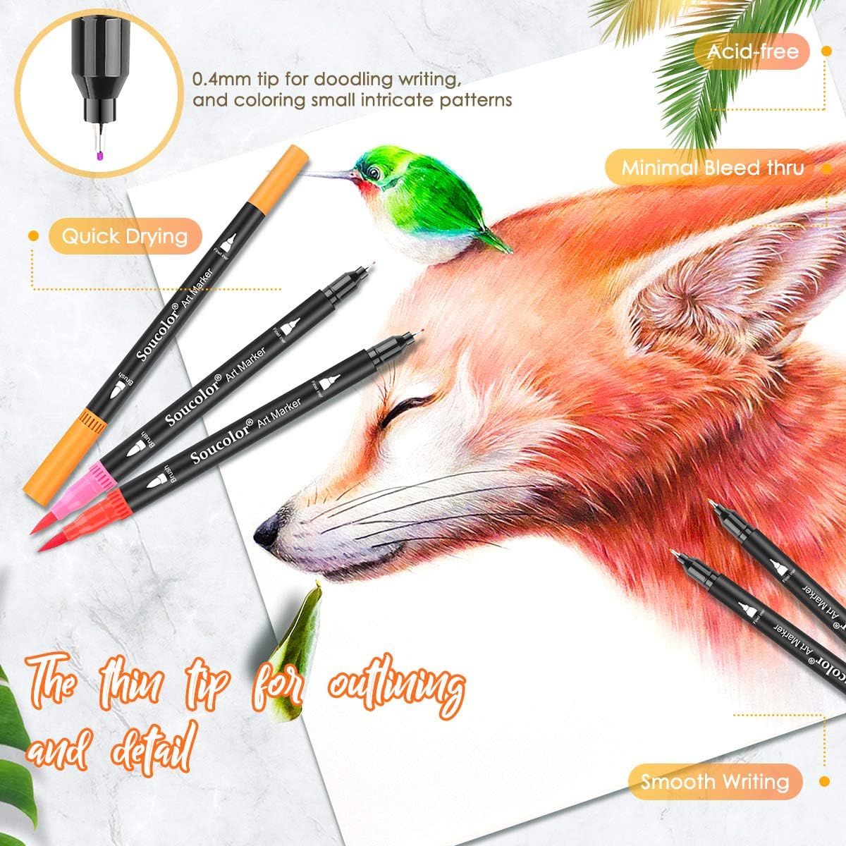Soucolor Art Brush Markers Pens for Adult Coloring Books, Cute Preppy Stuff School Office Teacher Supplies, 34 Colors Dual Tip (Brush and Fine Point) Drawing Markers for Note Taking Journal Classroom