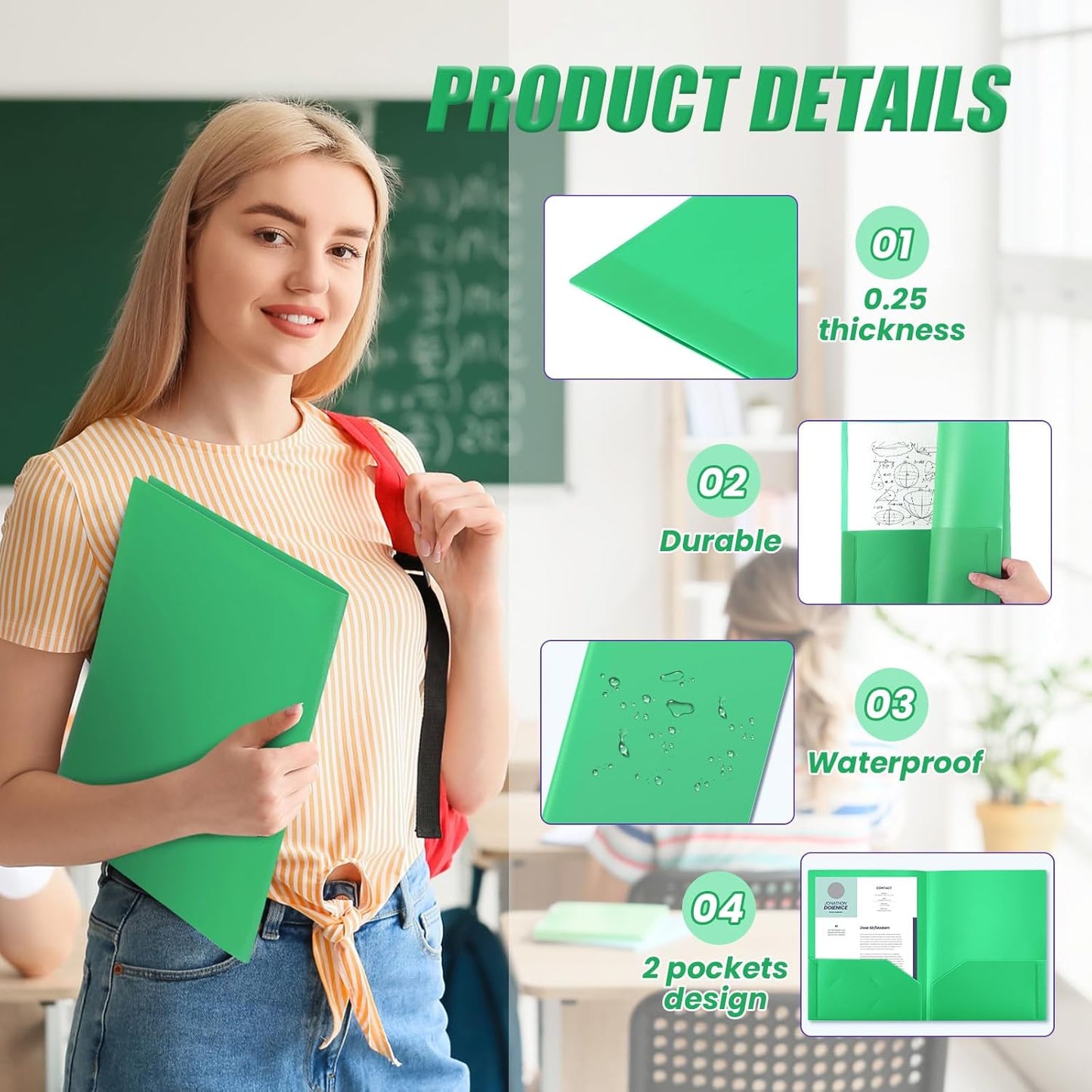 Gueevin 24 Pcs Plastic Folders with Pockets, Back to School Two Pocket Folder Fit Letter Size, Heavy Duty School Business Card Holder for Home Office, 11. 61 x 9. 45 Inches (Green)