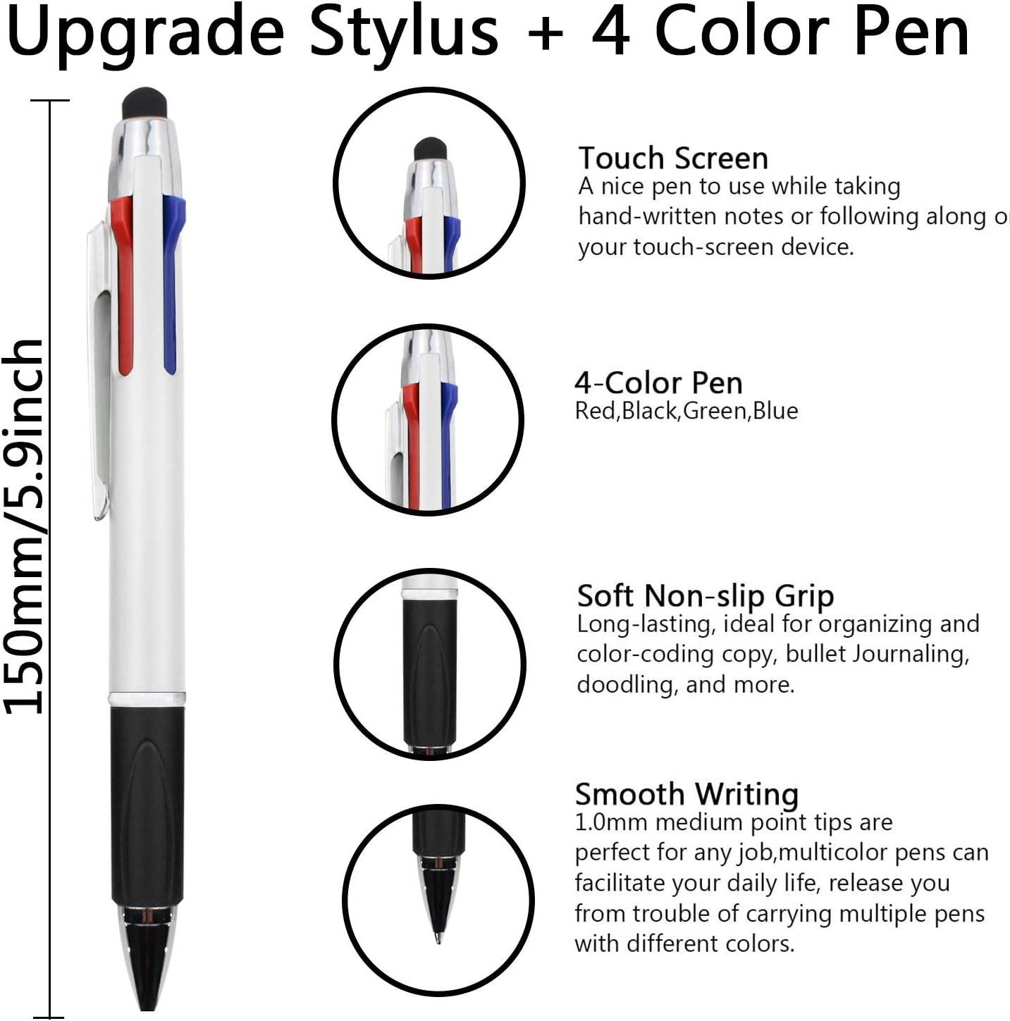 MiSiBao 4-Color Ballpoint Pen Multi Colored Pens in One Stylus Pens for Touch Screens Pens Medium Point(1.0mm) (10-Count)