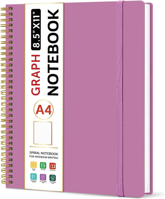 Taja Spiral Graph Notebook, 8.5"x11" Notebooks for Work, Large A4 Journal for Women & Men, Grid Notebook, Journaling Notebook for Writing, Plastic Cover Spiral Journal, Purple