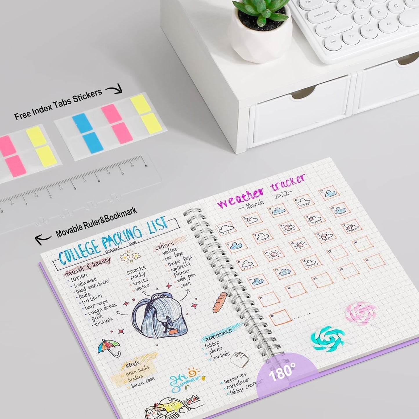 AHGXG Graph Paper Notebook - Spiral Notebook Journal 160 Pages, A5 Graph Notebook 5.7" x 8.3", 100 gsm Thick Grid Paper, Waterproof Plastic Cover, for School Writing Engineering Math, Purple