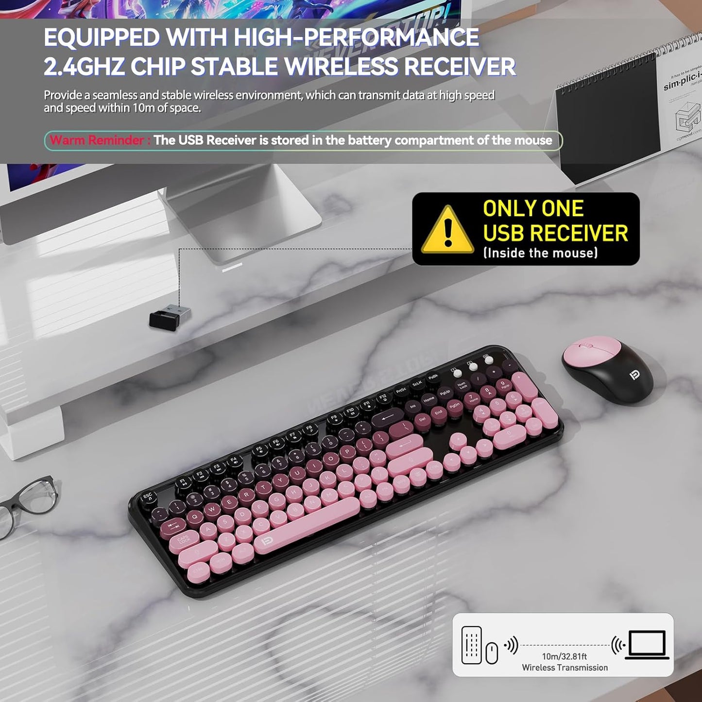 FD Wireless Keyboard and Mouse Combo - 2.4G Full-Sized Cute Colorful Mouse and Keyboard with 104 Round Keys Retro Typewriter Keyboards for Laptop/Windows/PC - Pink Gradient