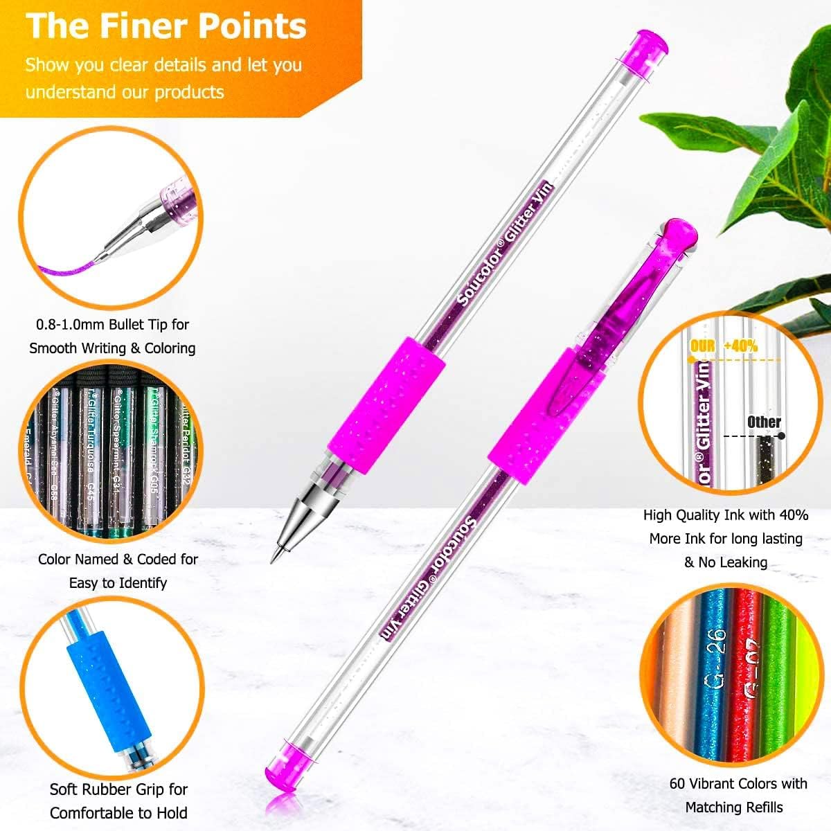 Soucolor Cute Office School Supplies Gifts for Women Teen Girl Birthday, 120 Pack Glitter Gel Pens-60 Glitter Pens, 60 Refills and Travel Case, Japanese Stationary Nurse Cool Gifts for Coworkers