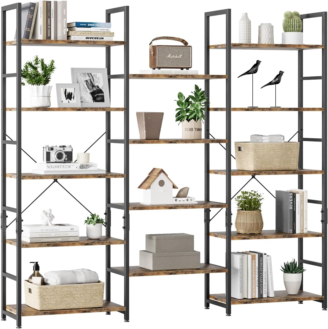 OTK Triple Wide 5 Tier Bookshelf, Rustic Industrial Style Bookcases with 14 Open Display Shelves, Wide Bookshelves for Bedroom, Living Room and Home Office, Rustic Brown
