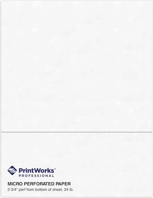 PrintWorks Professional 3 3/4" Horizontal Perforated Paper 8.5” x 11” - Perfect For W-2, 1099, & Statement Use - Made in the USA - 500 Sheets - 24 lb - Printer Compatible - White (04332)
