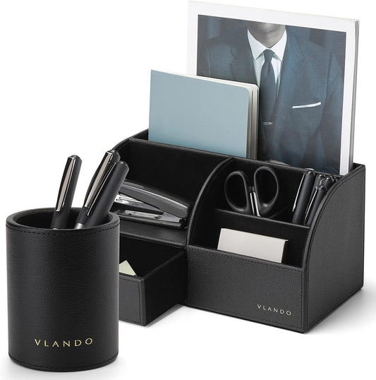 Vlando Office Supplies Desk Organizer Caddy,Back to School Supplies for Desk Caddy, Desktop Hanging File Letter Document Storage Holder with Drawer Organizer Section for Office Home 2 Pack Black