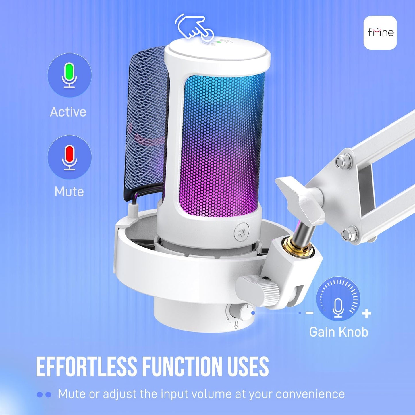 FIFINE Gaming PC USB Microphone Kit, Condenser RGB Mic with Metal Boom Arm, Mute, Gain Knob, Headphones Monitoring, Streaming Microphone Bundle for PS4/PS5, YouTube, Discord, Twitch-A8T White