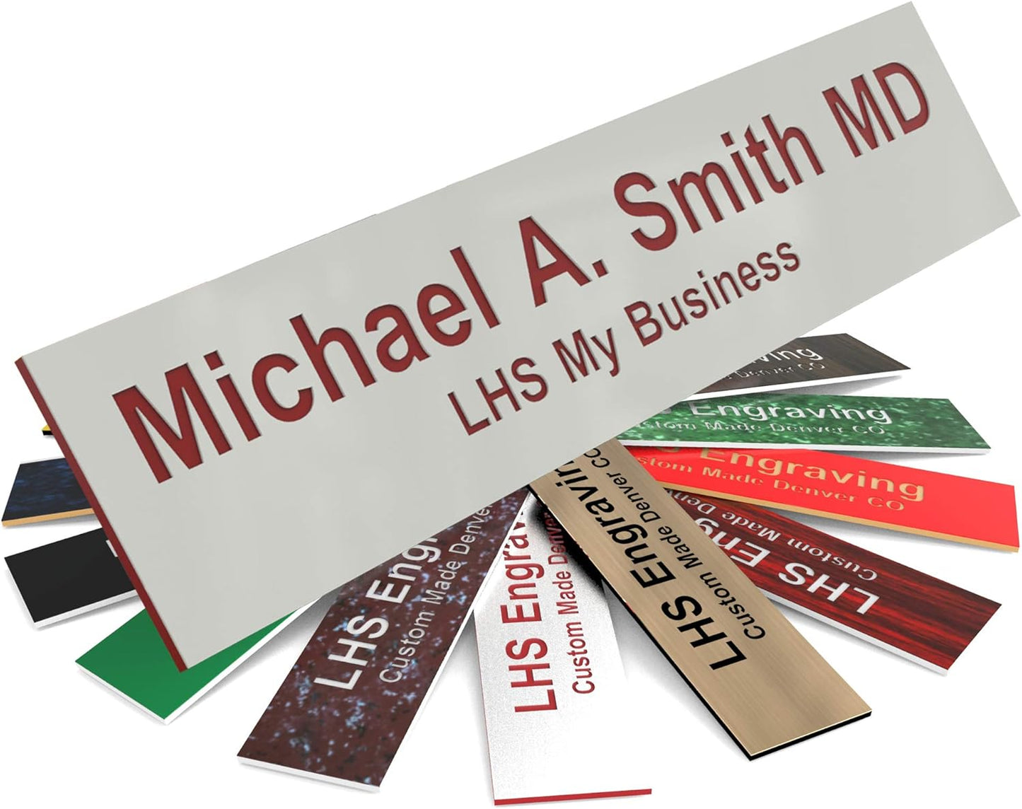 Engraved Name Plates for Door Sign Personalized Gray Plastic Plaque with Maroon Letters - Made in USA 2x10 B21