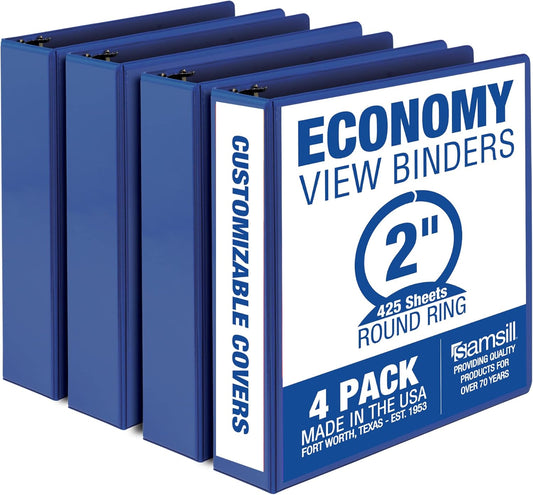 Samsill 2 Inch 3 Ring Binders, Made in USA, Economy Round Ring, Clear View Cover, 425 Sheet Capacity - for School, Home, Office - Blue, 4 Pack