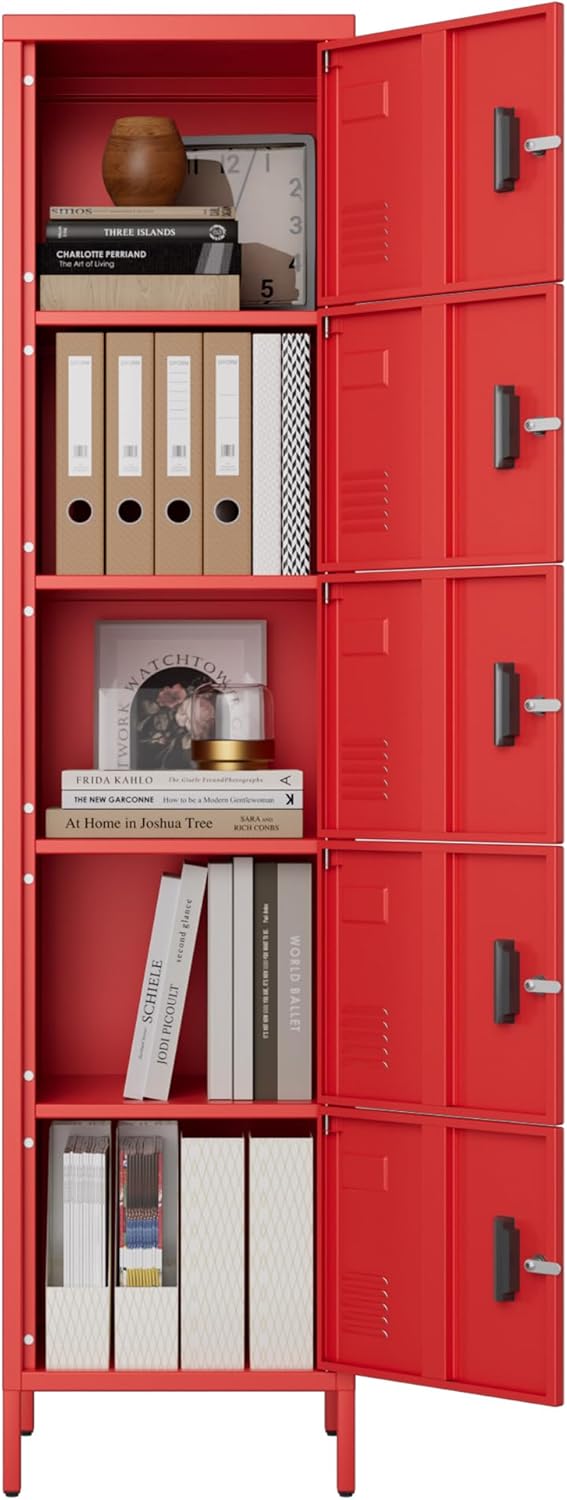 Metal Locker with Lock and Ventilation Holes,Metal Storage Locker with Business Card Slof for Home,Gym,Garage,School,Office,15.8" D x 15.8" W x 66" H Assembly Required,Red