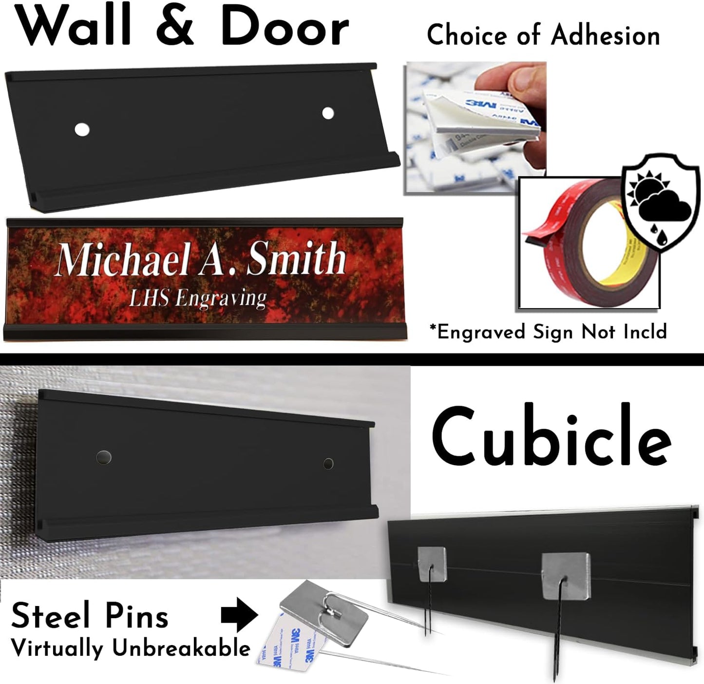 Executive Wall Nameplate Sign Holder Black Aluminum Fits 2x10 Plastic Office Door Name Plate or Cubicle Option| Made in USA