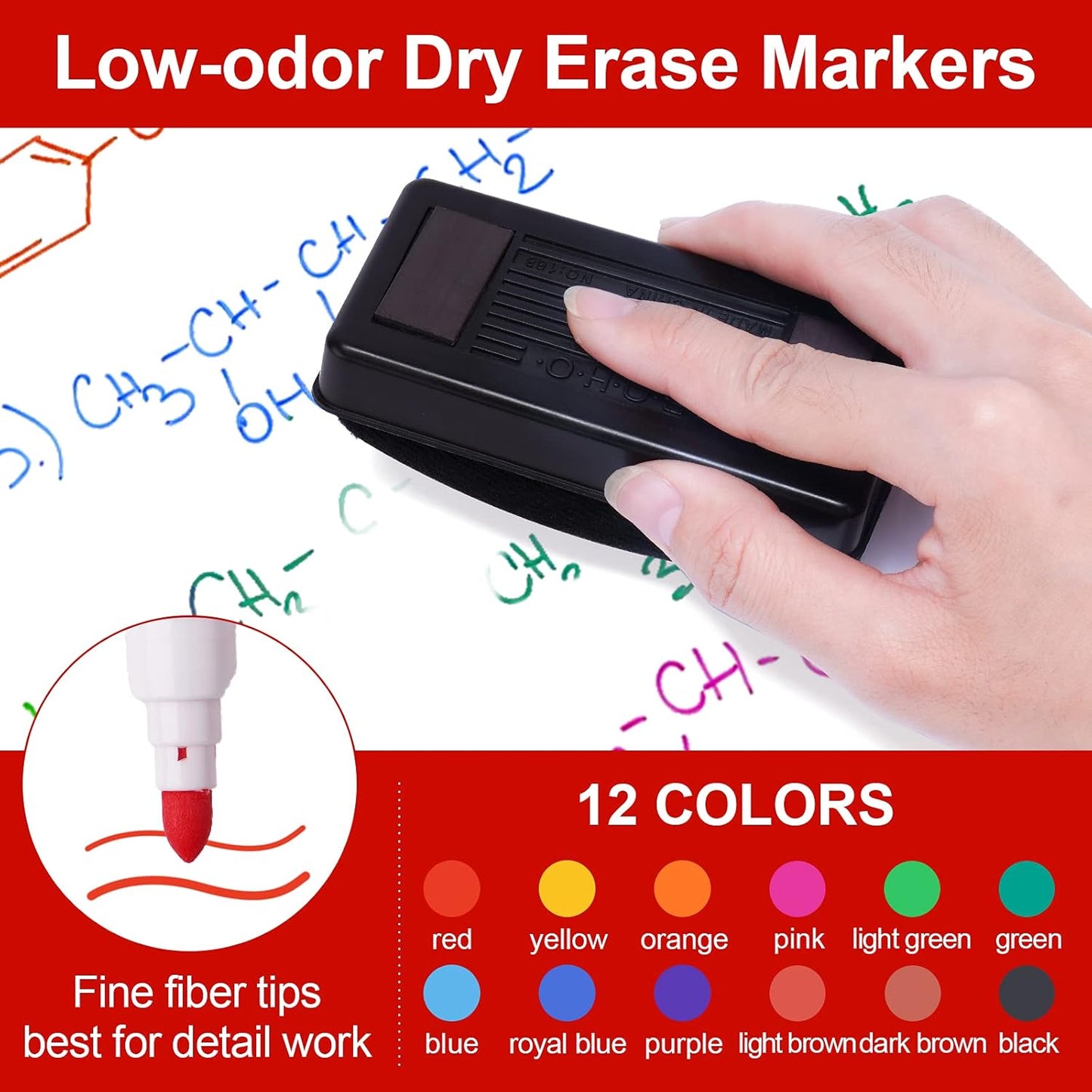 NiArt Whiteboard Magnetic Dry Erase Marker Holder Set, 12 Colors Fine Markers, Magnetic Whiteboard, Dry Eraser for School Office Home