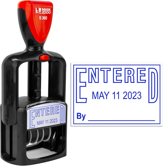 Self-Inking Rubber Date Office Stamp with Entered Phrase - Blue Ink - 12-Year Band
