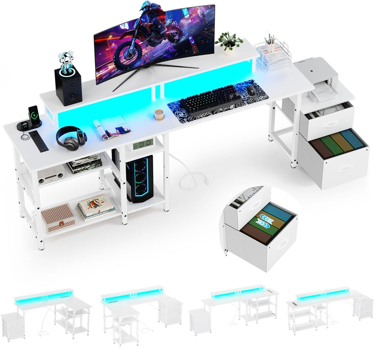YOUNGAR 69.3" Home Office Desk with Storage, Reversible L Shaped Computer Desks, Corner Gaming Office Desk with 2 File Drawers&Power Outlet, All White