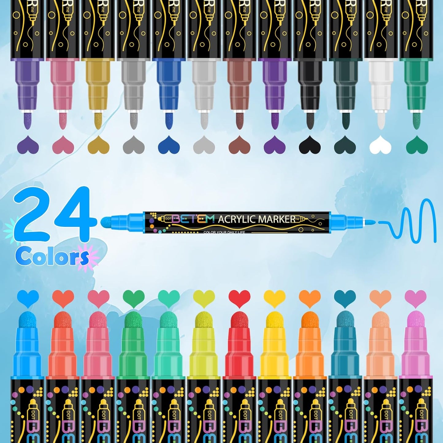 Betem 24 Colors Dual Tip Acrylic Paint Pens Markers, Premium Acrylic Paint Pens for Wood, Canvas, Stone, Rock Painting, Glass, Ceramic Surfaces, DIY Crafts Making Art Supplies