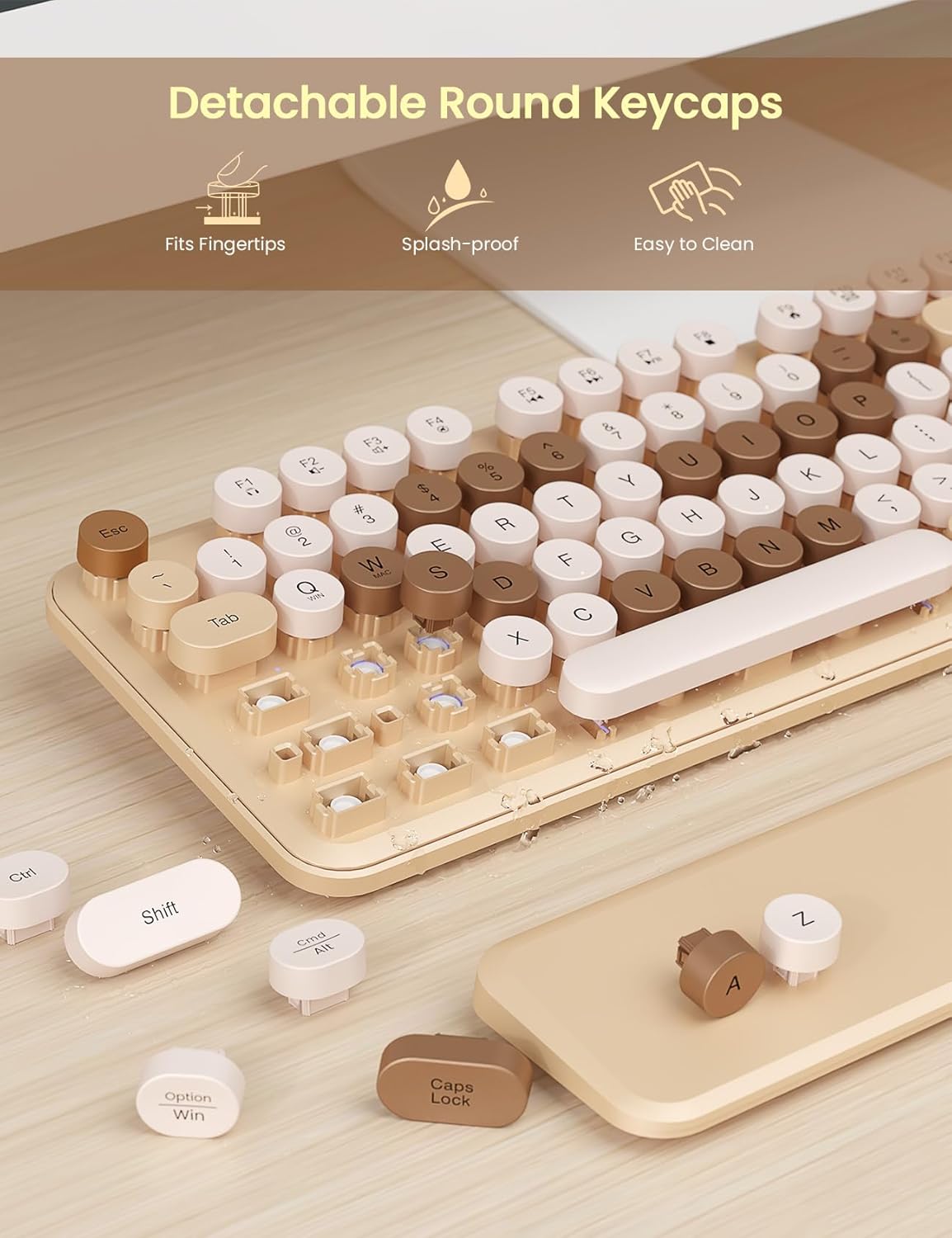 Wireless Keyboard and Mouse Combo - Cute Typewriter Keyboard with Detachable Wrist Rest, Retro Round Keycaps, Foldable Legs, 2.4GHz Full-Size Keyboard for PC, Laptop, Mac, Windows - Trueque (Latte)