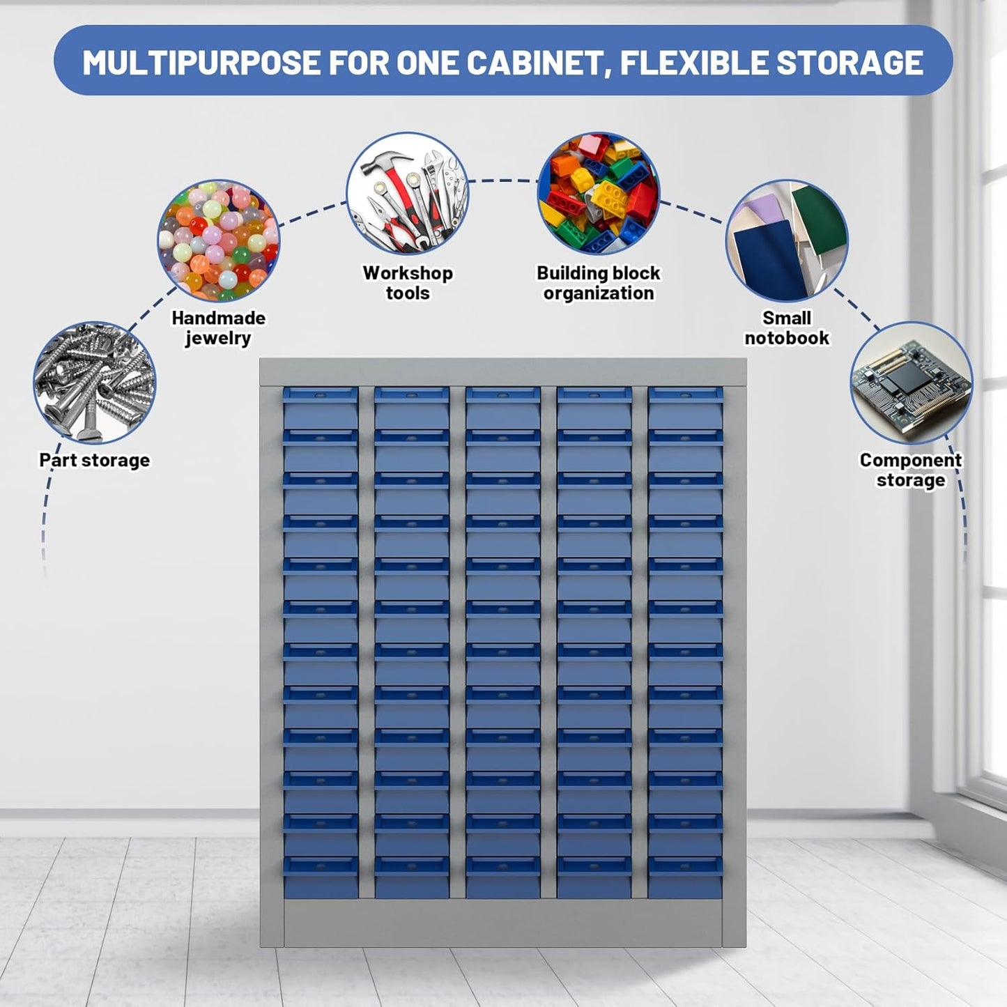 60-Drawer Parts Storage Cabinet, Multi-Purpose Organizer for Screws, Bolts, Nails, Craft Supplies, Legos, Tools, Compact Plastic Drawer Unit, Hardware Organizer for Garage, Workshop, Classroom