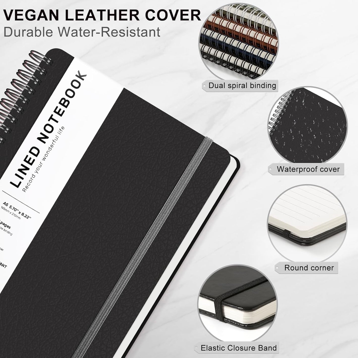 Lined Spiral Journal Notebook, A5 Hardcover Leather Notebook for Work, 5.7''×8.2'', 100GSM Thick Paper Spiral Bound Journaling Notebooks for Women & Men Office School Note Taking Business, Black