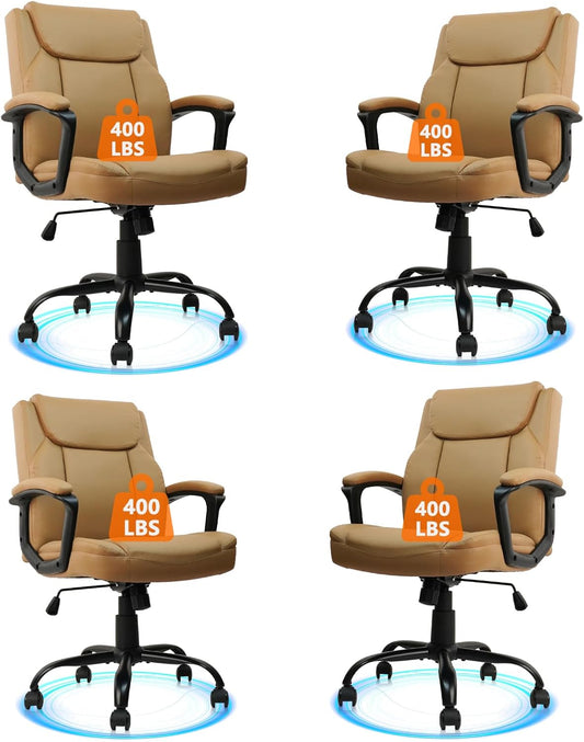 CLATINA Brown Office Computer Chair PU Leather Executive Swivel Adjustable Height Chairs with Upholstery Fixed armrest Mid-Back Leather Thick Cushion Office Chair Brown 4Pack