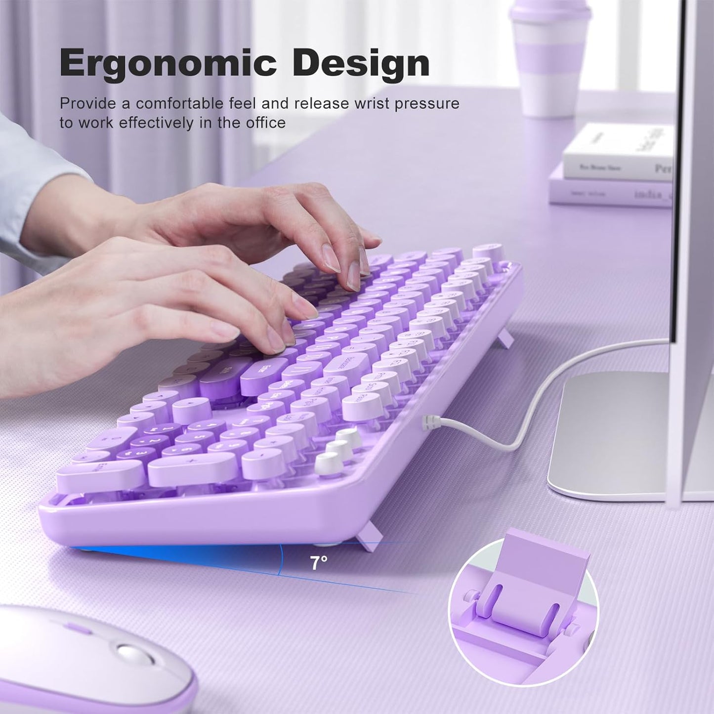 MOFII Keyboard Wired Large Print, Computer Keyboard Plug Play, Colorful Retro Round Typewriter Keyboard with Numeric Keypad and Media Hotkey for Windows PC Laptop (Pale Purple)