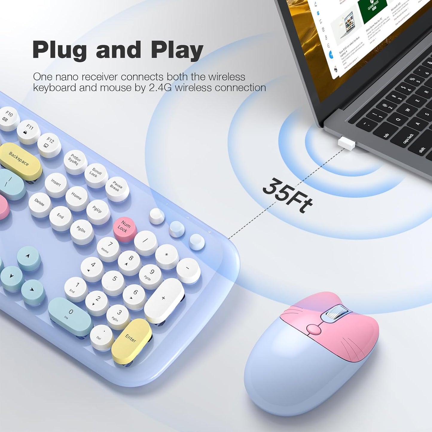 Wireless Keyboard and Mouse Combo, 2.4G Retro Typewriter Keyboard with Number Pad and Cute Ambidextrous Wireless Mouse for Computer Laptop