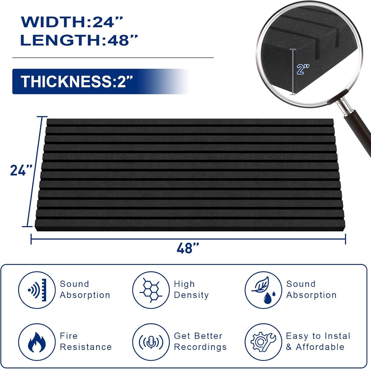 Acoustic Foam Panels, 48 x 24 x 2 inches, 4 Pack Soundproof Foam Wall Panels High Density Noise Canceling Studio for Echo Absorption Home Office (Black 4 Pack, 48" x 24" x 2")